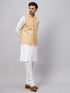 Vastramay Men's Beige Matka Silk Nehru Jacket With White Silk Blend Kurta Pyjama Set